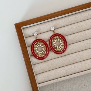 4/$15 Red Gold Filigree Oval Drop Earrings